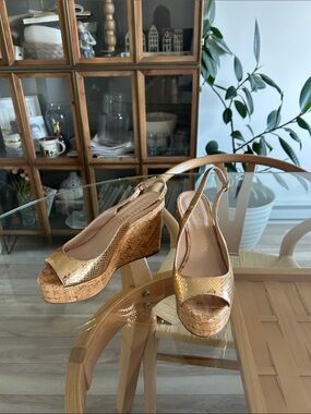 Stuart Weitzman Leather Rose Gold Cork Wedge Sandals